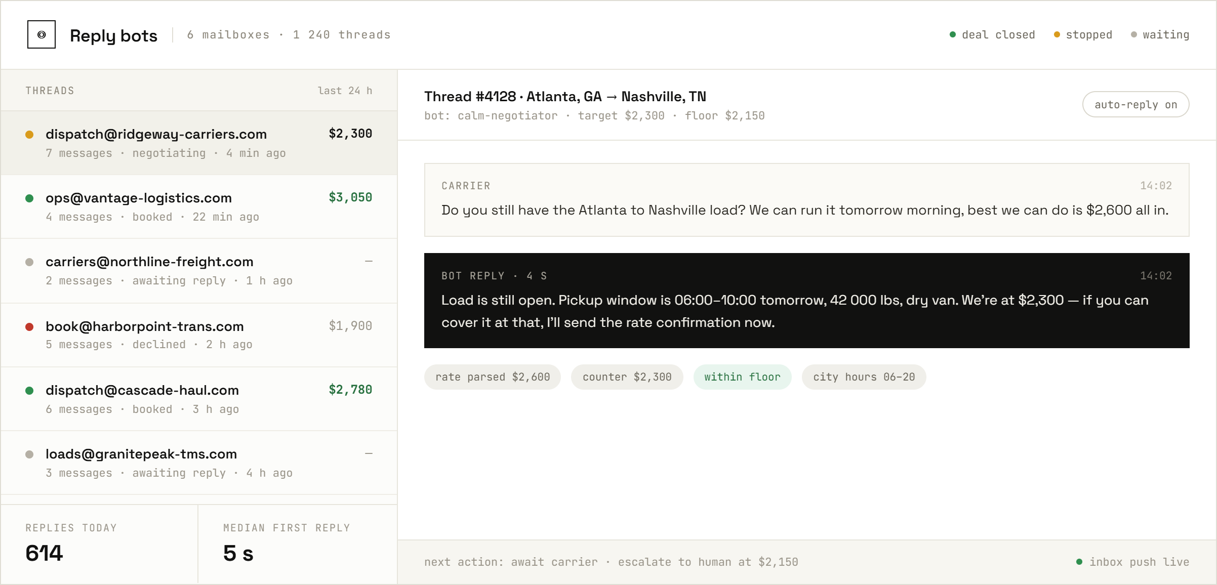 Email bot thread negotiating a rate with a carrier